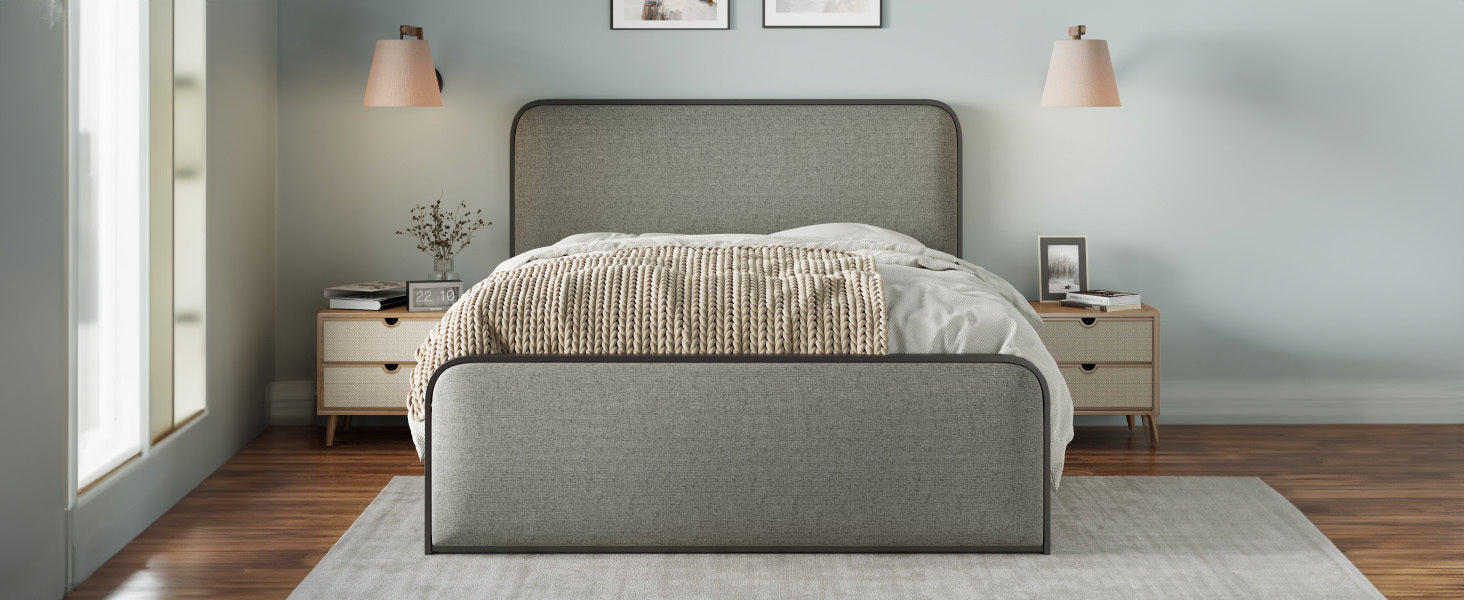 Modern Metal Bed Frame with Curved Upholstered Headboard and Footboard Bed with Under Bed Storage, Heavy Duty Metal Slats, Full Size, Grey - Atlantic Fine Furniture Melbourne FL