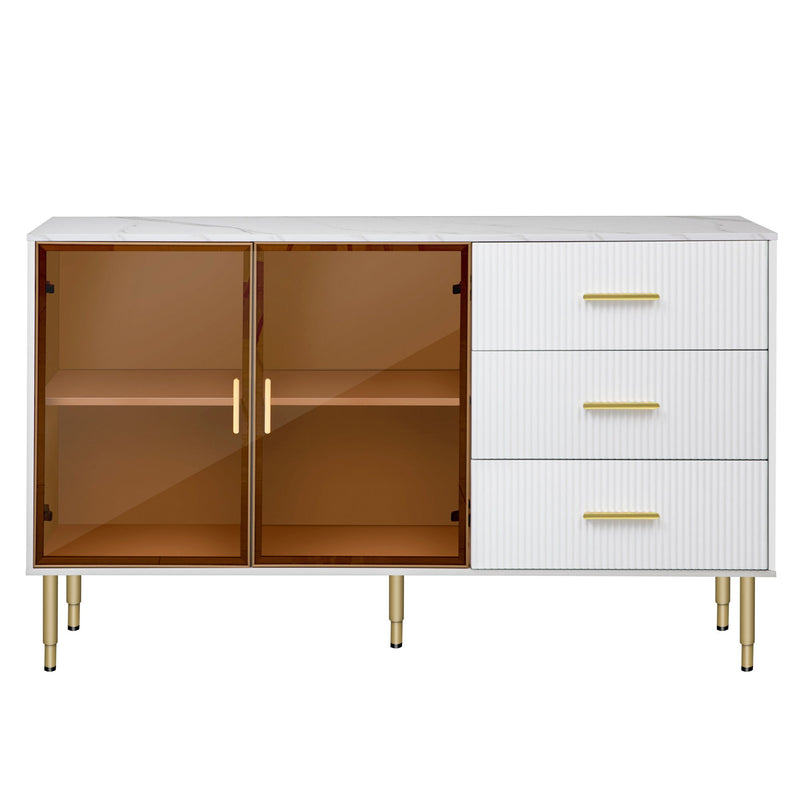 Modern Sideboard Buffet Cabinet Marble Sticker Tabletop And Amber-Yellow Tempered Glass Doors With Gold Metal Legs & Handles