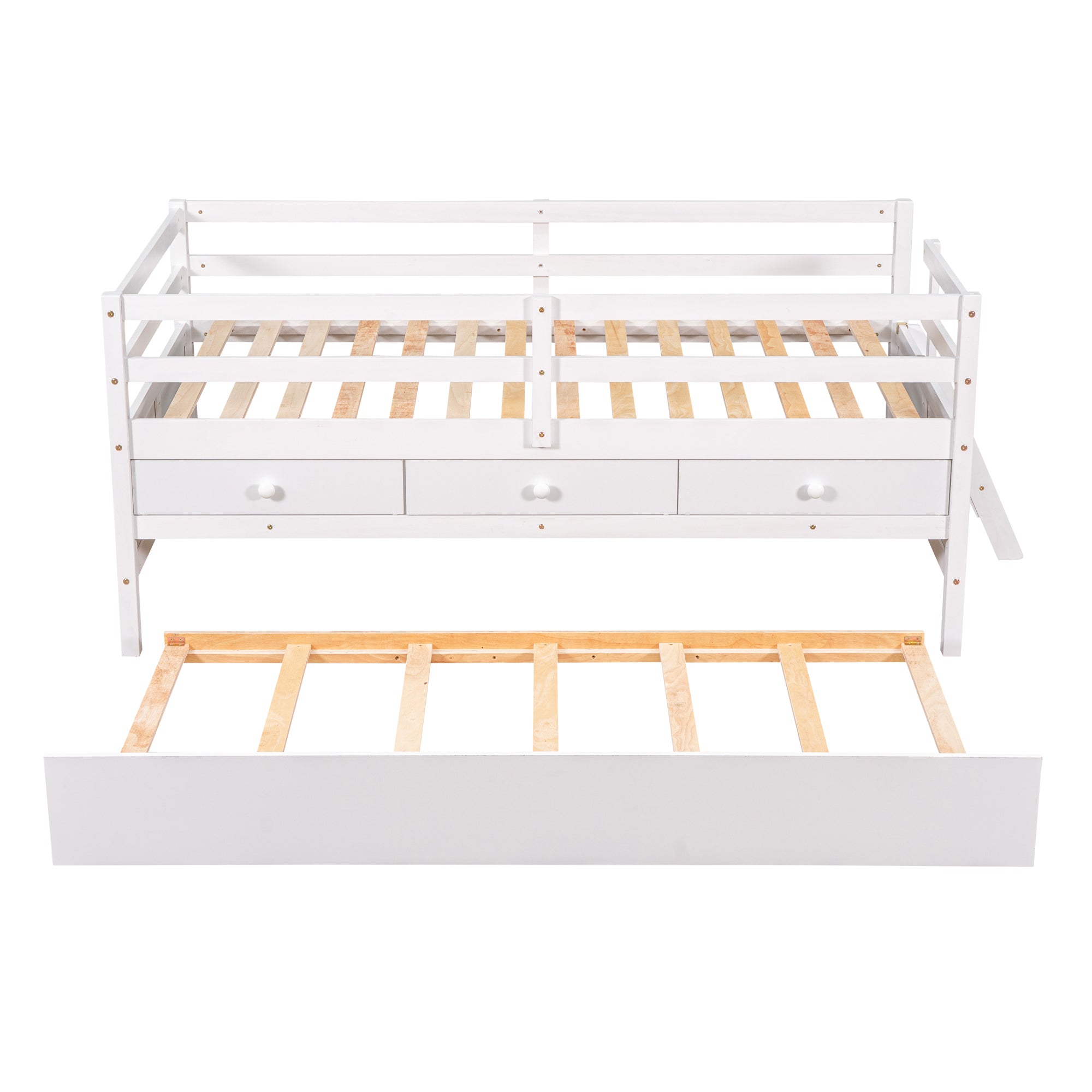Low Loft Bed Twin Size with Full Safety Fence, Climbing ladder, Storage Drawers and Trundle White Solid Wood Bed - Atlantic Fine Furniture Melbourne FL