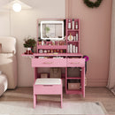 Vanity Desk With LED Mirror Lights And Power Outlet Charging Station, 3 Drawers, 7 Shelves, Storage Stool - Pink