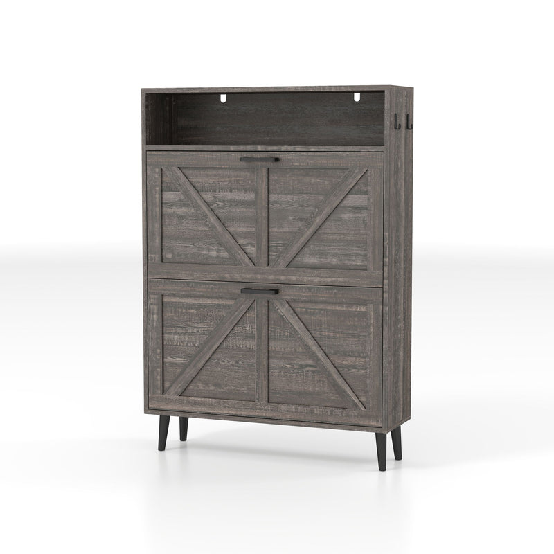 Farmhouse Shoe Storage Cabinet With Barn Door Design, 2 Flip Drawers, Hooks - Dark Oak