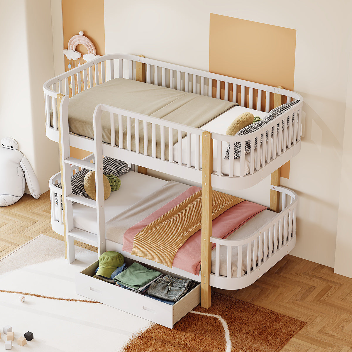 Wood Twin over Twin Bunk Bed with Fence Guardrail and a Big Drawer, White - Atlantic Fine Furniture Melbourne FL