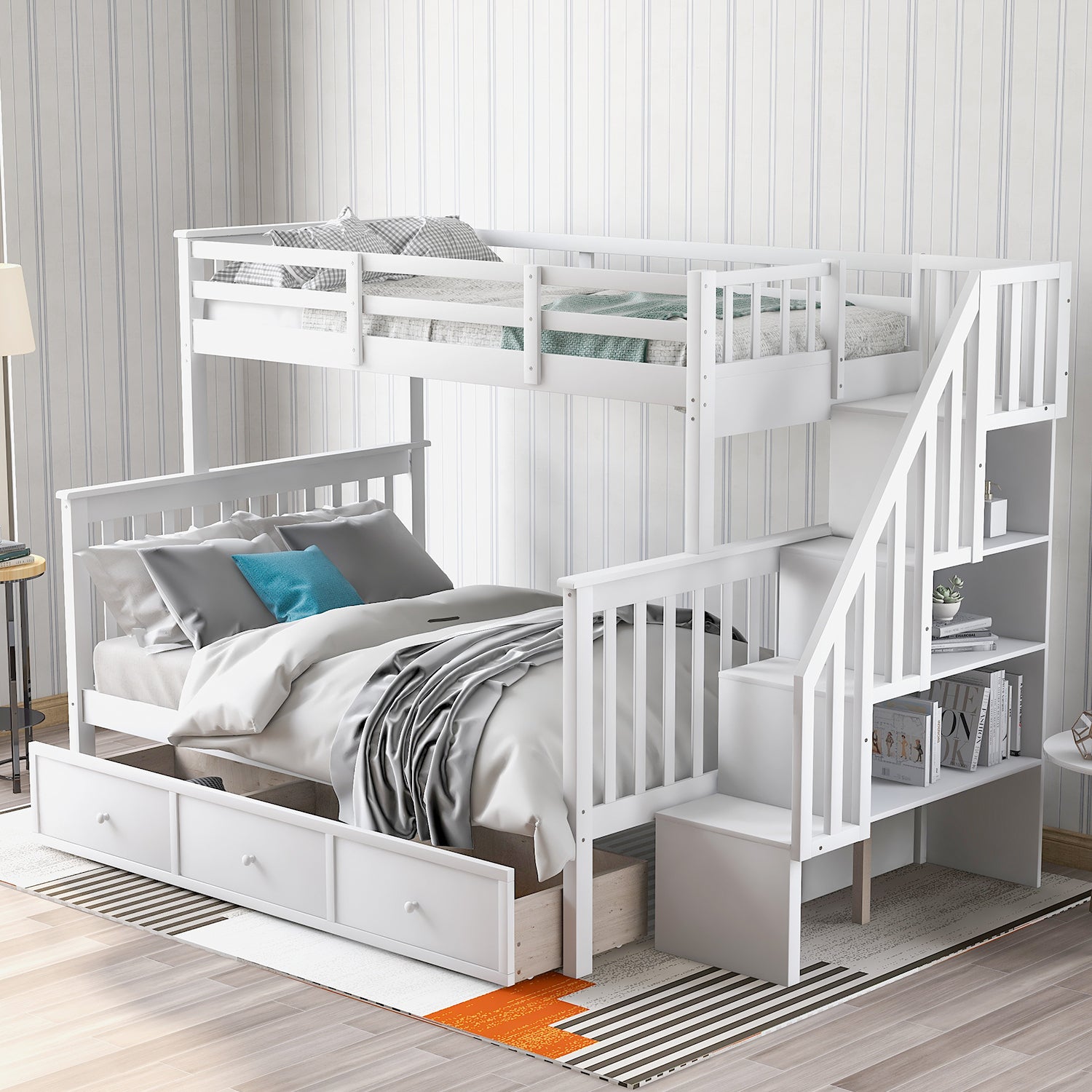 Stairway Twin-Over-Full Bunk Bed with Drawer, Storage and Guard Rail for Bedroom, Dorm, for Adults, White color(OLD SKU :LP000219AAK) - Atlantic Fine Furniture Melbourne FL