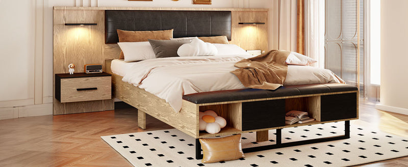 Queen Size Wood Platform Bed with Upholstered Headboard, Lights and Storage Nightstand, Bench, Walnut