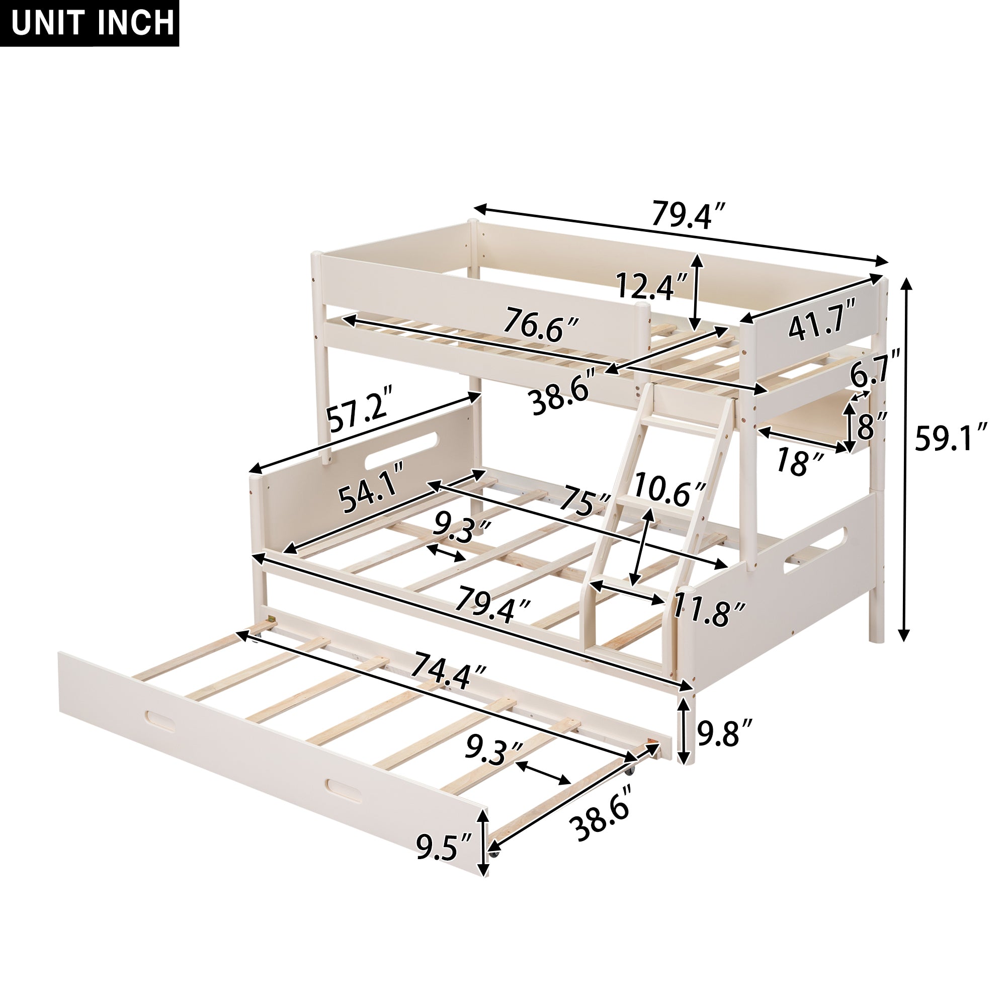 Wood Twin over Full Bunk Bed with Storage Shelves and Twin Size Trundle, Cream - Atlantic Fine Furniture Melbourne FL
