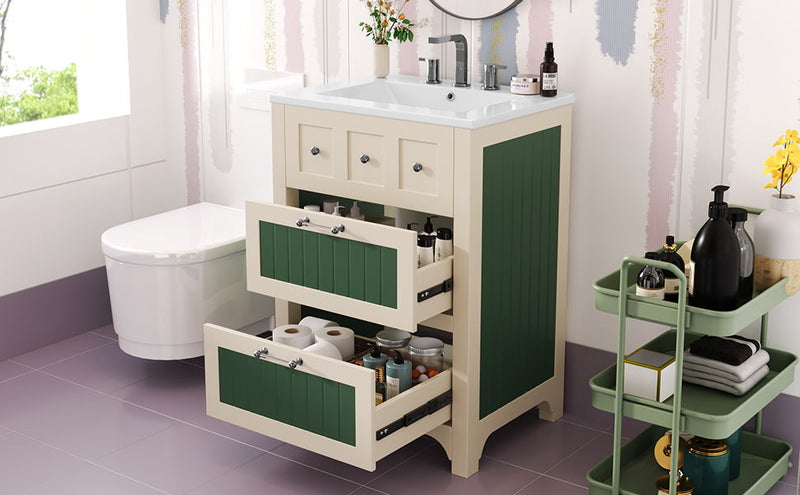 Bathroom Vanity With Ceramic Sink, Bathroom Vanity Cabinet With 2 Drawers, Wooden Bathroom Sink Cabinet - Beige / Green