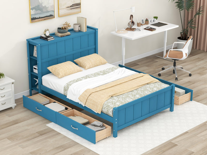 Full Size Platform Bed with Drawers and Storage Shelves, Blue