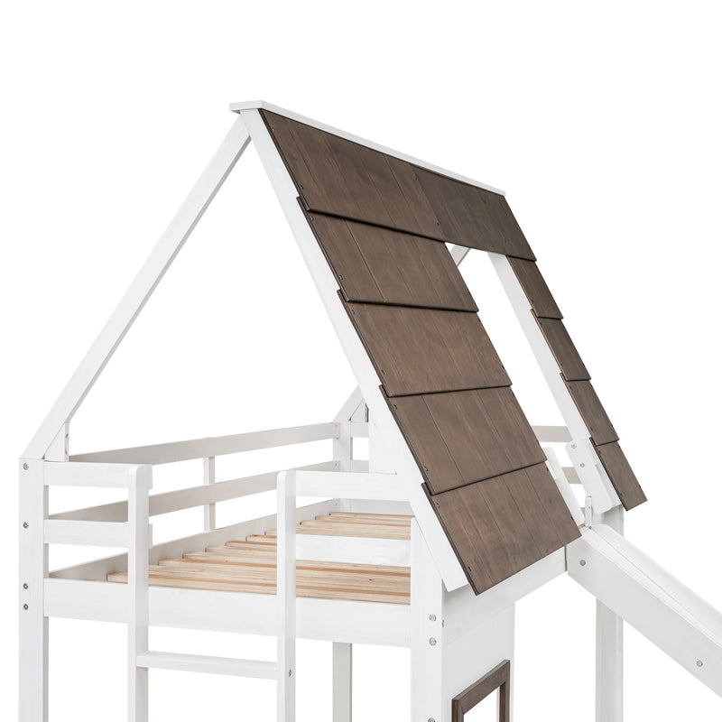 Wood Twin Size House Bunk Bed With Roof, Ladder And Slide - White / Brown