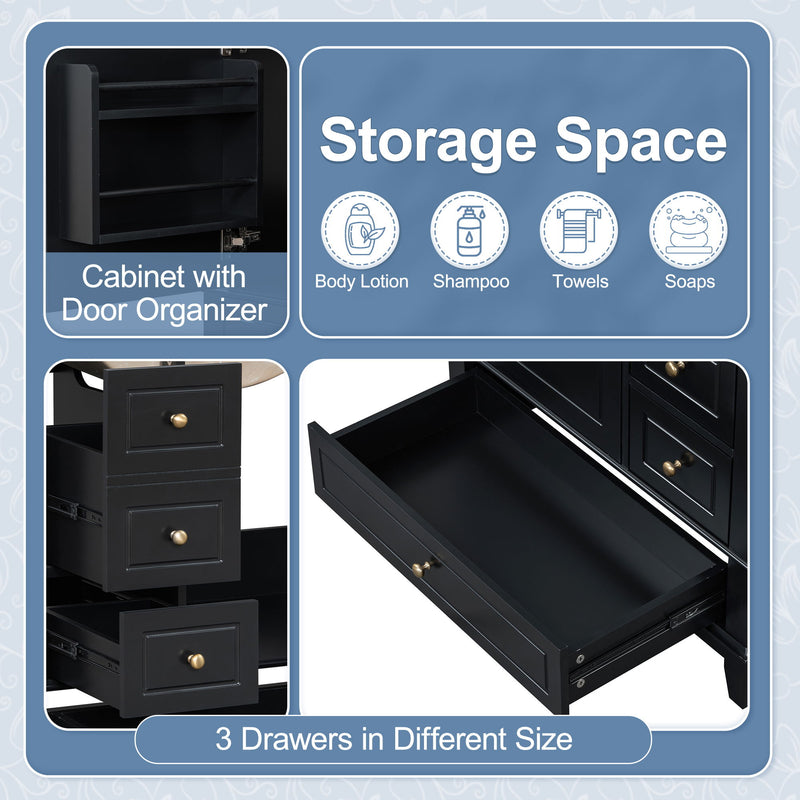 30" Bathroom Vanity With Sink, 1 Door With Shelf And 3 Drawers, Soft Close Door - Black