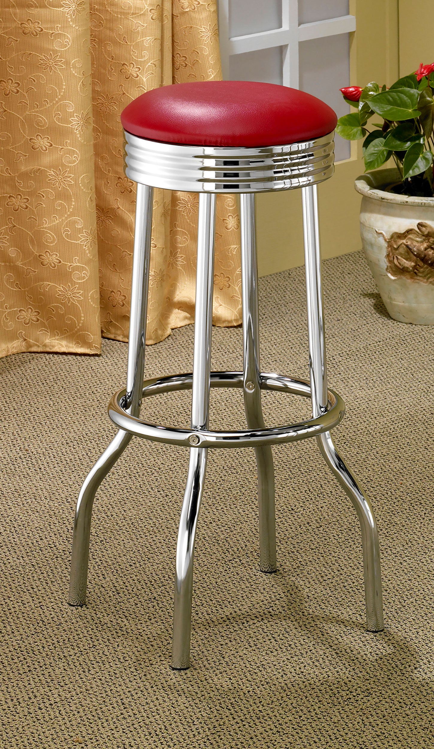 Retro Upholstered Metal Swivel Bar Stool Red (Set of 2) — view 2