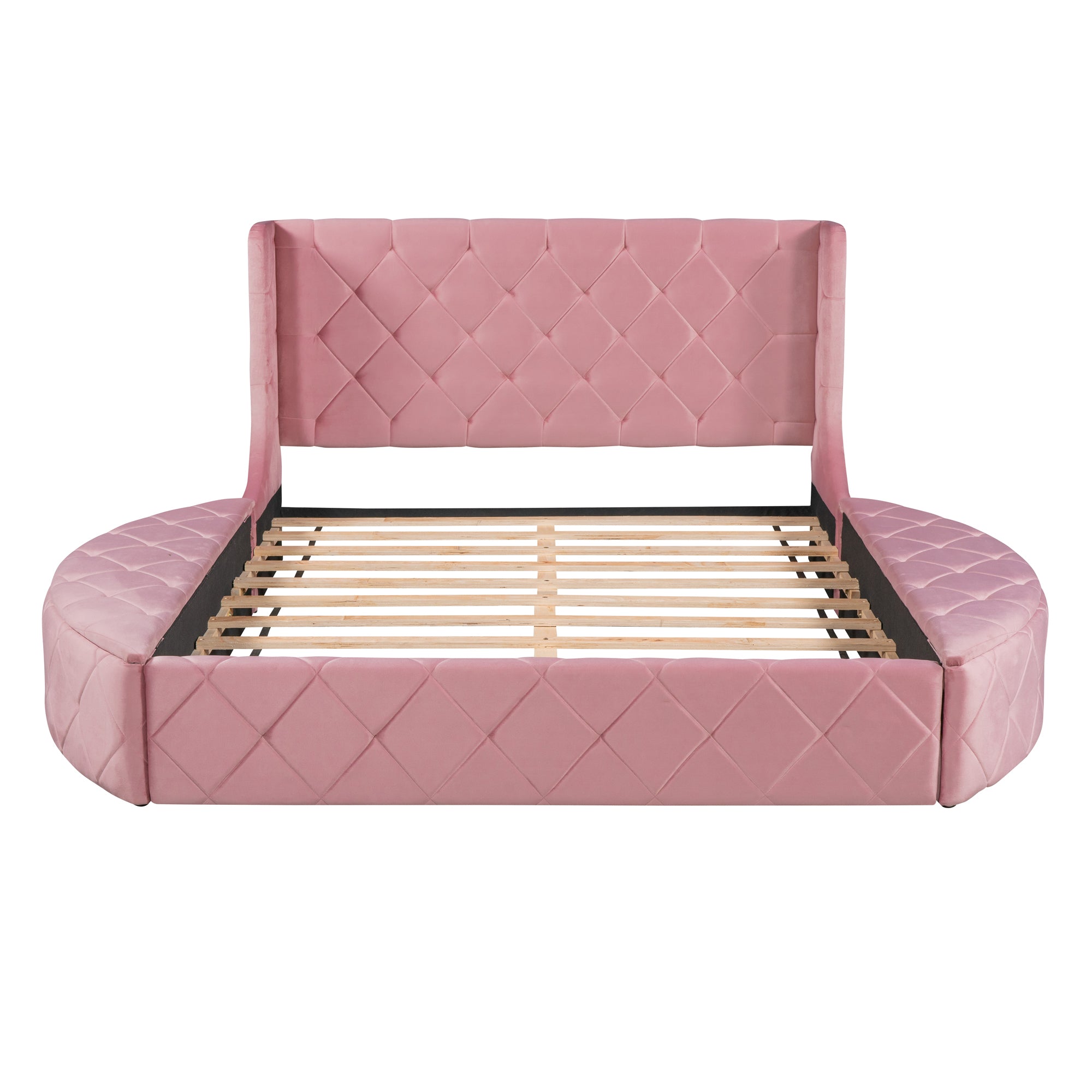 Upholstered Platform Bed Queen Size Storage Velvet Bed with Wingback Headboard and 1 Big Drawer,2 Side Storage Stool(Pink) - Atlantic Fine Furniture Melbourne FL