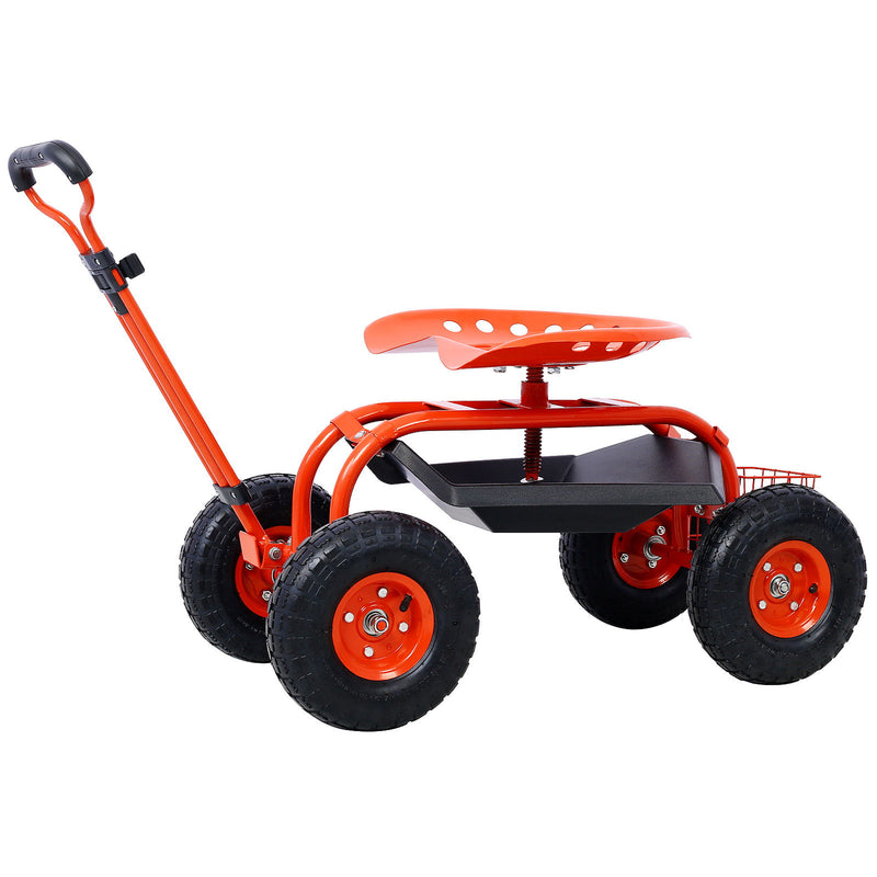 Rolling Garden Scooter Cart Seat With Wheels, 360 Swivel Seat, Tool Tray