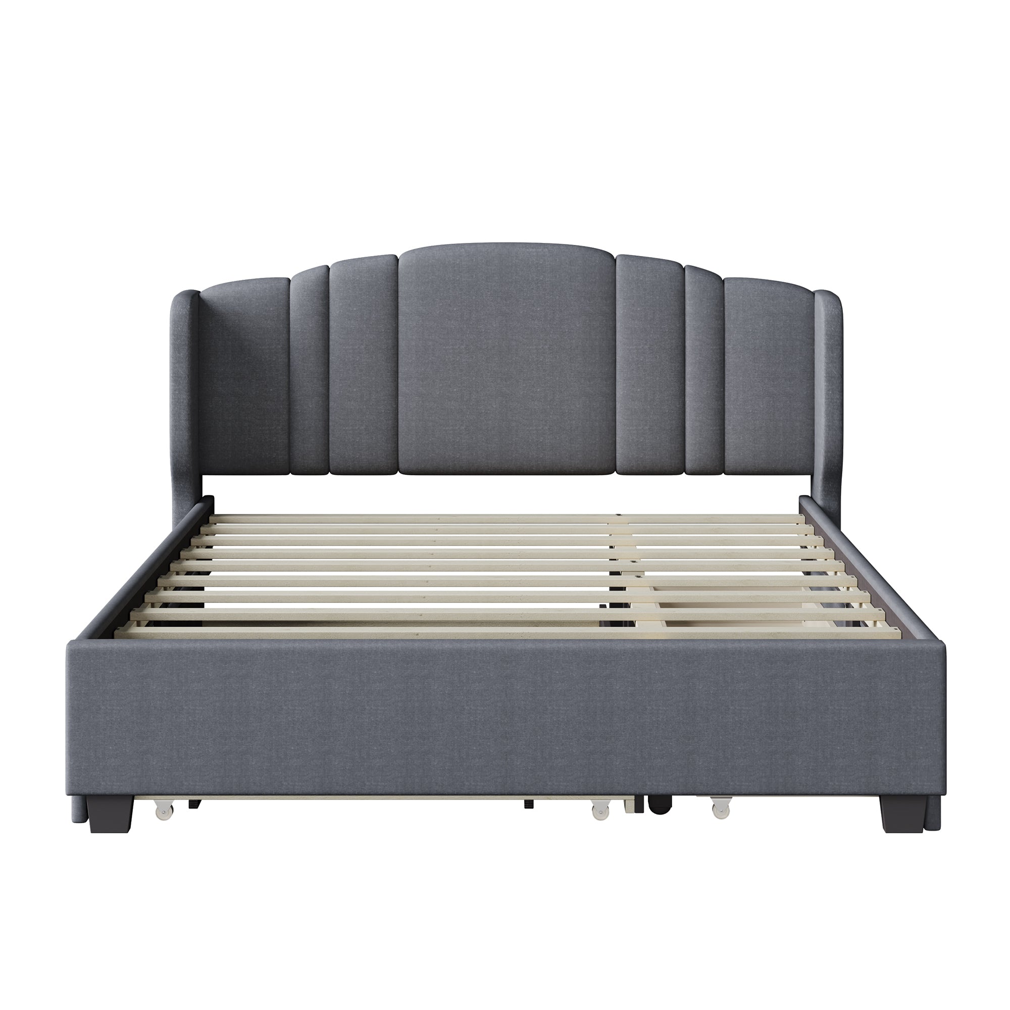Upholstered Platform Bed with Wingback Headboard, One Twin Trundle and 2 Drawers, No Box Spring Needed, Linen Fabric, Queen Size Gray - Atlantic Fine Furniture Melbourne FL