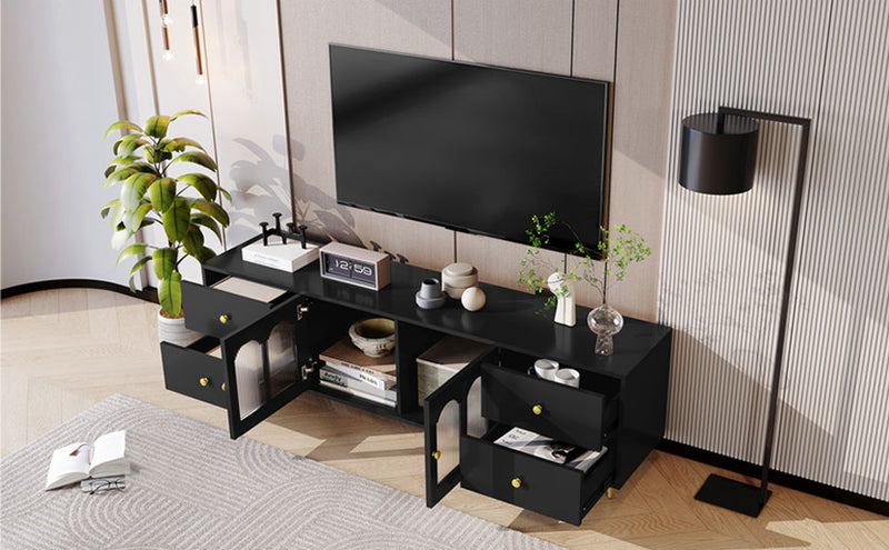 Modern TV Stand With Glass Door, 4 Drawers And 2 Cabinets