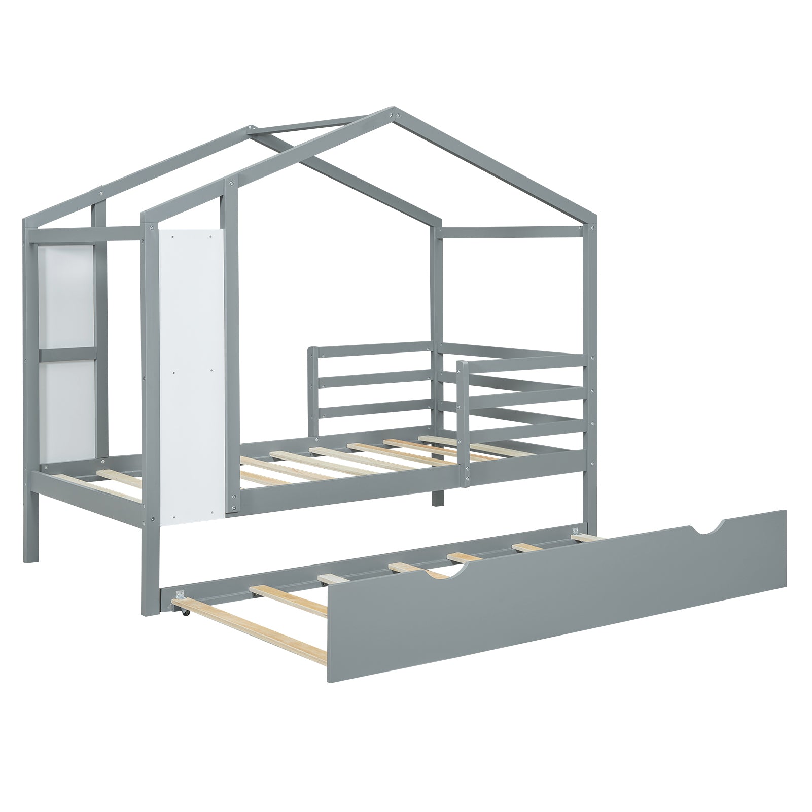 Twin Size Wood House Bed with Fence and Writing Board, Gray - Atlantic Fine Furniture Melbourne FL