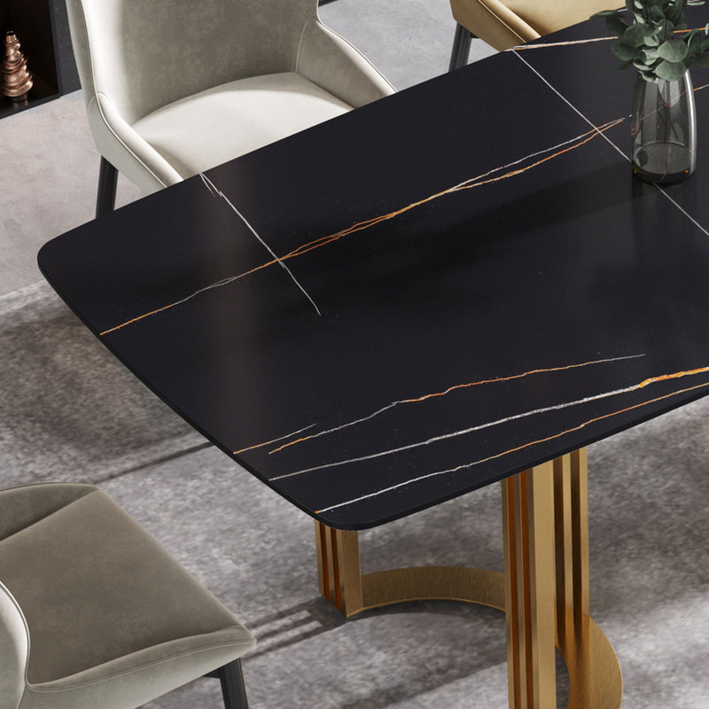 63" Modern Artificial Stone Curved Golden Metal Leg Dining Table, 6 People - Black / Gold