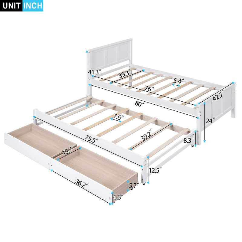 Twin Size Platform Bed with Trundle and Drawers, White