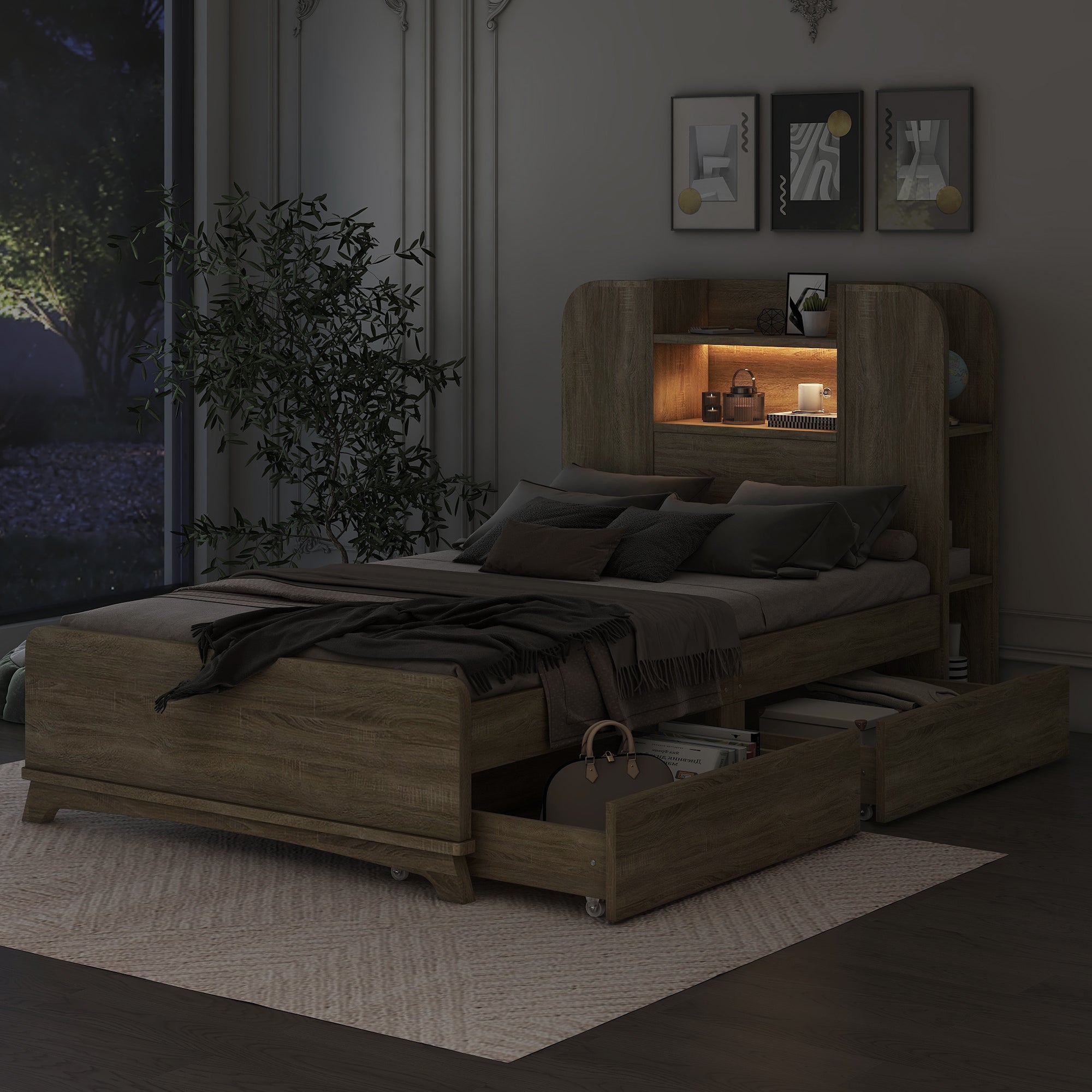 Twin Size Storage Platform Bed Frame with with Two Drawers and Light Strip Design in Headboard,Natural - Atlantic Fine Furniture Melbourne FL