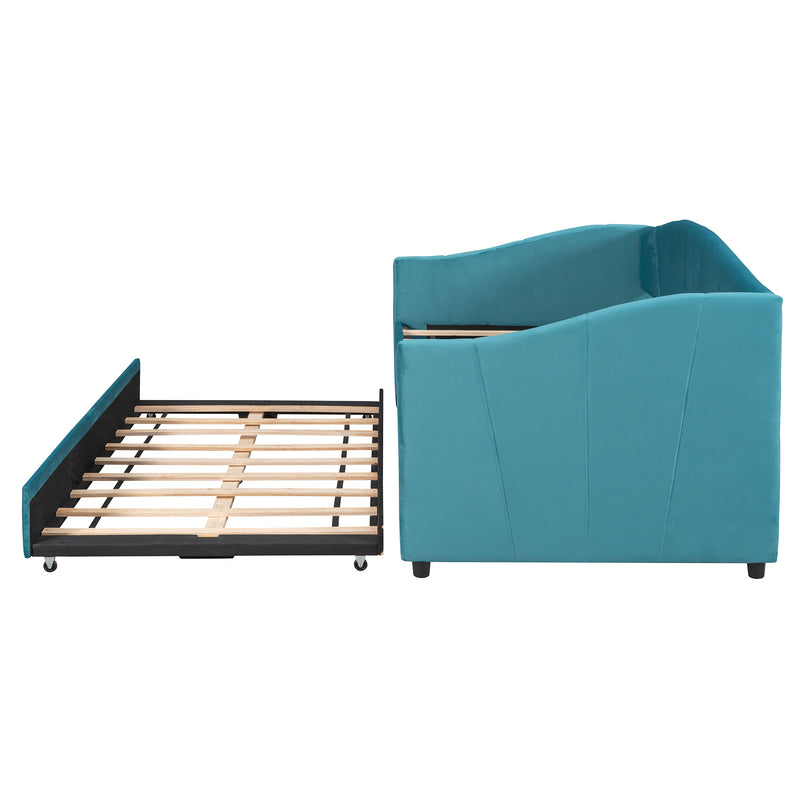 Upholstered Daybed Sofa Bed Twin Size With Trundle Bed and Wood Slat ,Blue