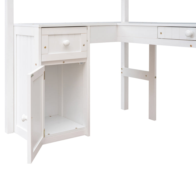 Twin size Loft Bed with Drawers, Cabinet, Shelves and Desk, Wooden Loft Bed with Desk - White(OLD SKU :LT000505AAK)