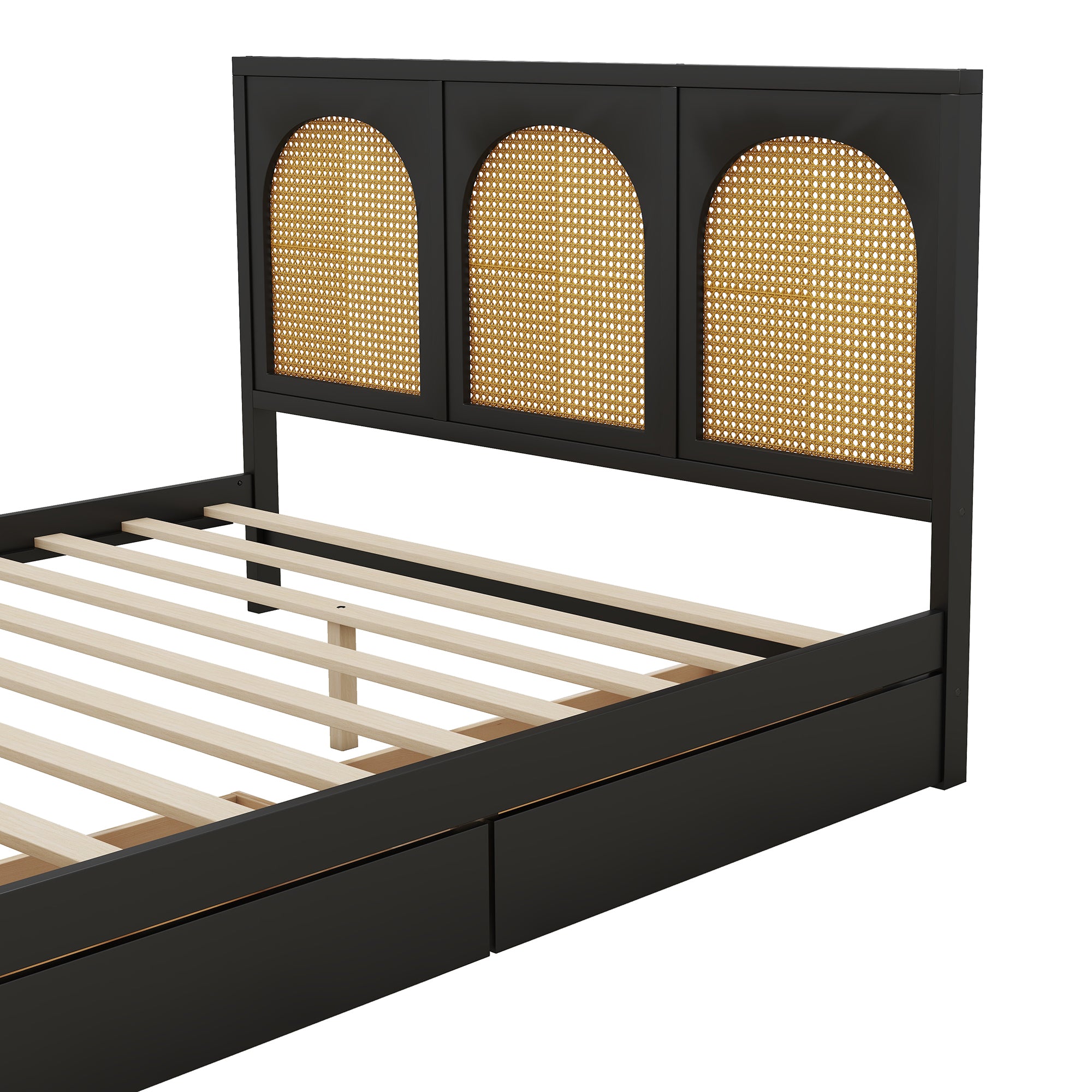 Queen Size Wood Storage Platform Bed with 2 Drawers, Rattan Headboard and Footboard, Black - Atlantic Fine Furniture Melbourne FL