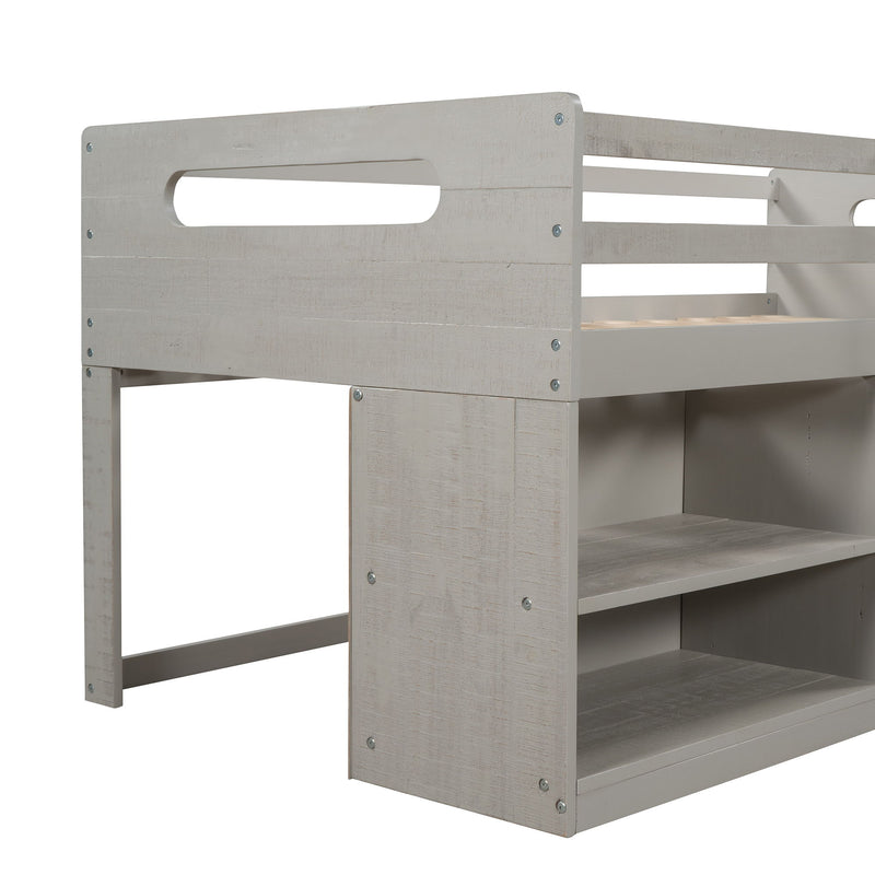 Twin Size Loft Bed With Two Shelves And Two Drawers