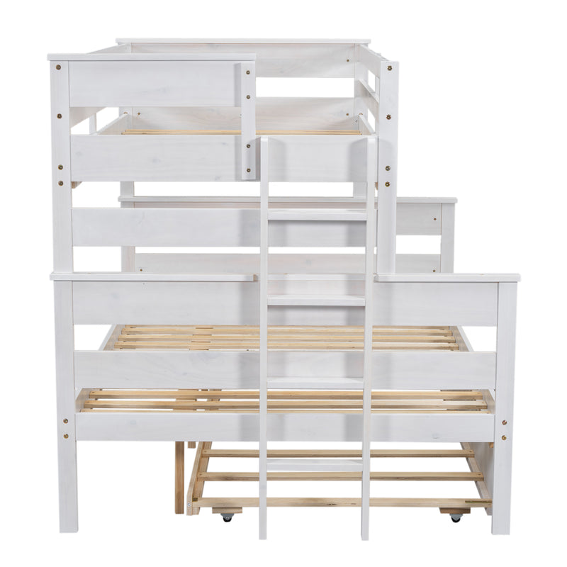 Wood Twin over Full Bunk Bed with Twin Size Trundle, White