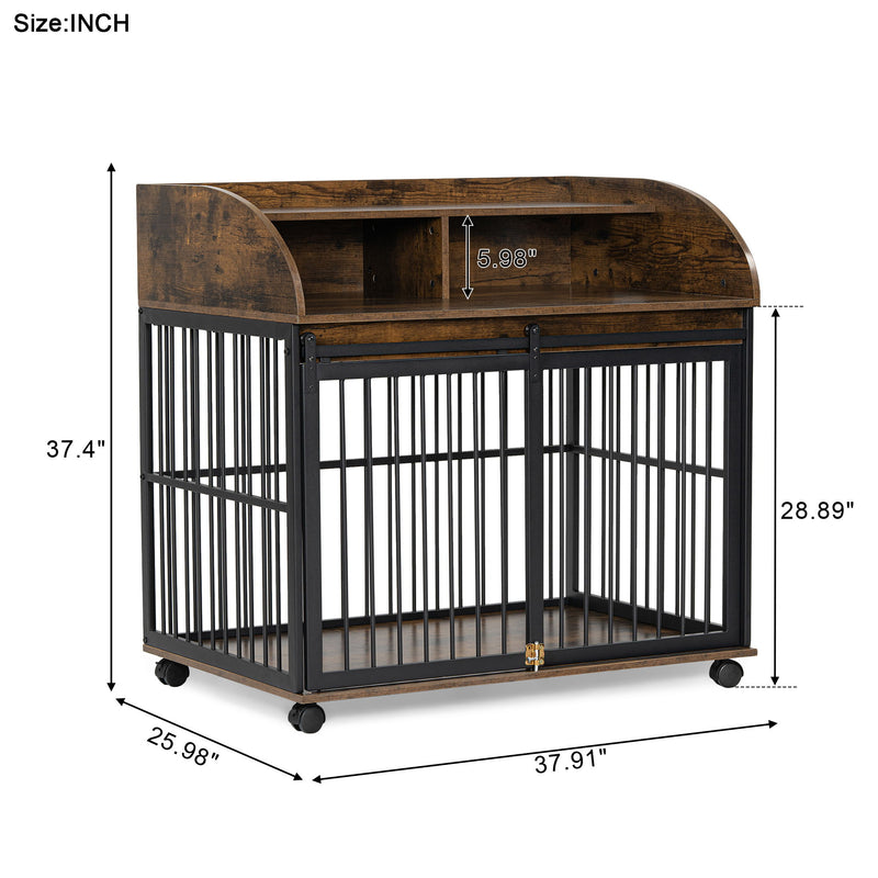 Heavy Duty Dog Crate Furniture For Medium Dog With Lockable Wheels, Wooden Dog Crate Dog Kennel, End Table Crate With Double Layer Storage