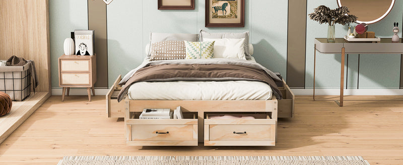 Full Size Platform Bed with 6 Storage Drawers,Antique Natural
