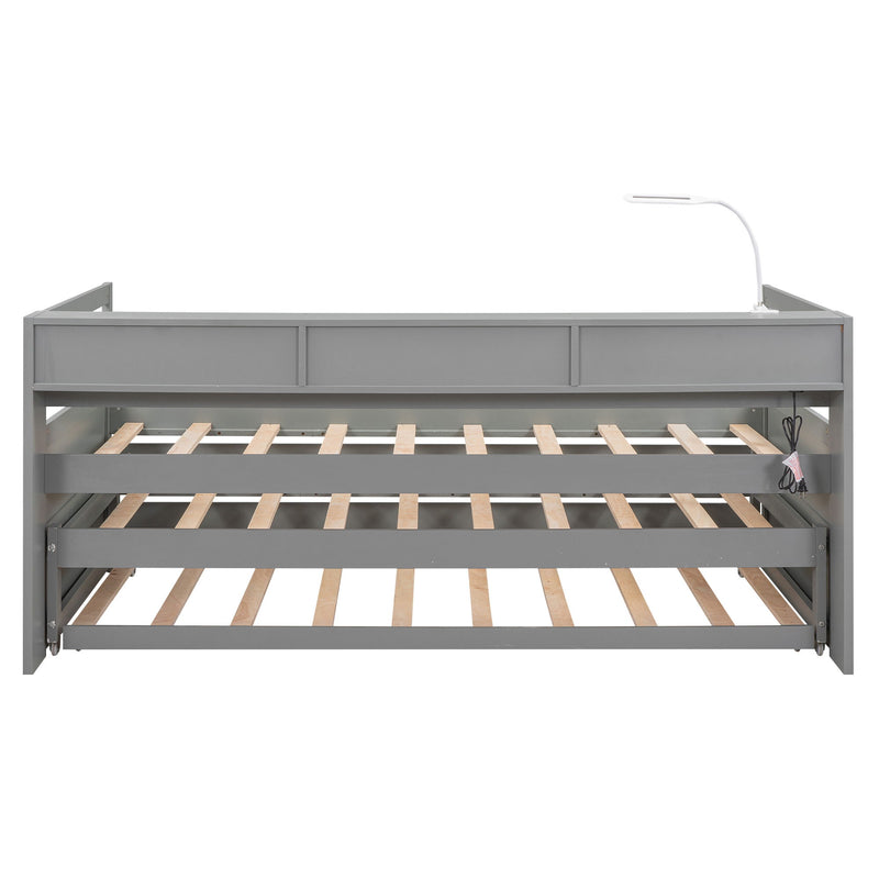 Daybed With 2 Trundles, 3 Storage Cubbies, Built In USB Charging Light
