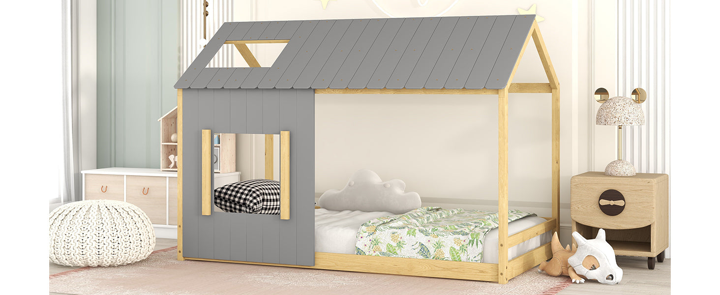 Twin Size House Bed with Roof and Window - Gray+Natural - Atlantic Fine Furniture Melbourne FL