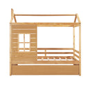 Twin Size House Bed Wood Bed with Twin Size Trundle ( Natural )