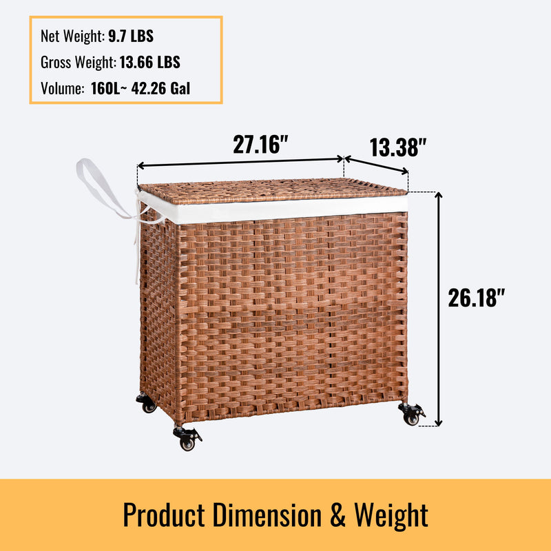 Laundry Hamper With Lid PE Rattan Powder Coating Frame Clothes Hampers With 2 Removable Bags