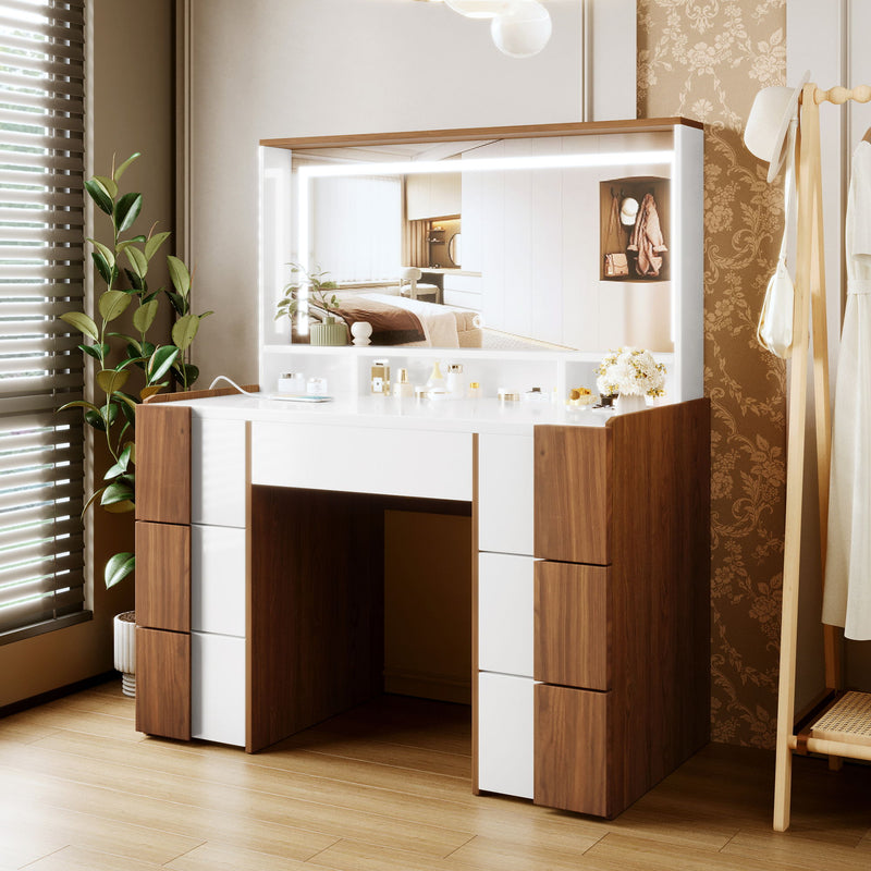 Elegant Vanity Table With Large Lighted Mirror & Power Outlet, Dressing Table With 7 Drawers & Shelves, Vanity Desk With Brown Solid Wood Style Stickers - Brown / White