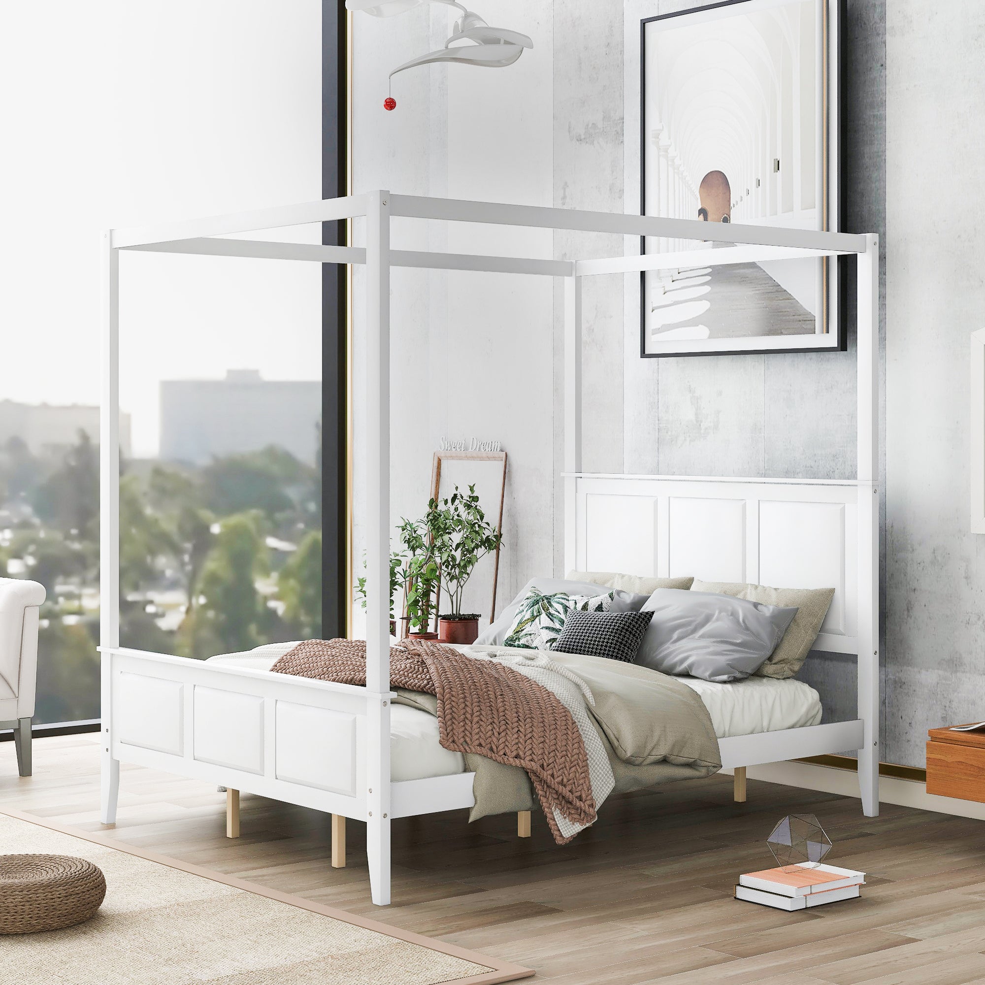 Queen Size Canopy Platform Bed with Headboard and Footboard,Slat Support Leg,White - Atlantic Fine Furniture Melbourne FL