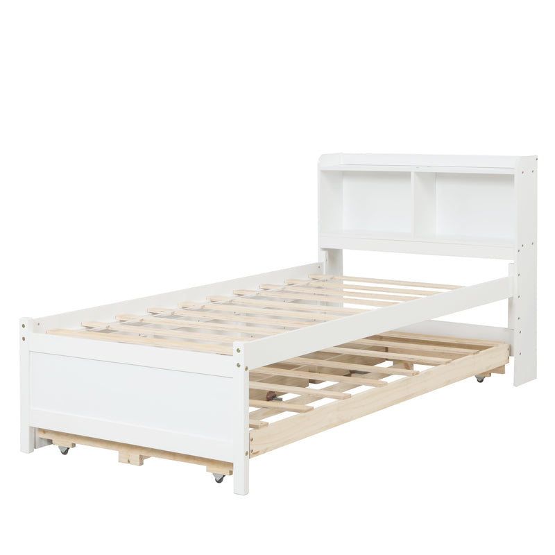 Twin Bed with Bookcase,Twin Trundle,Drawers,White