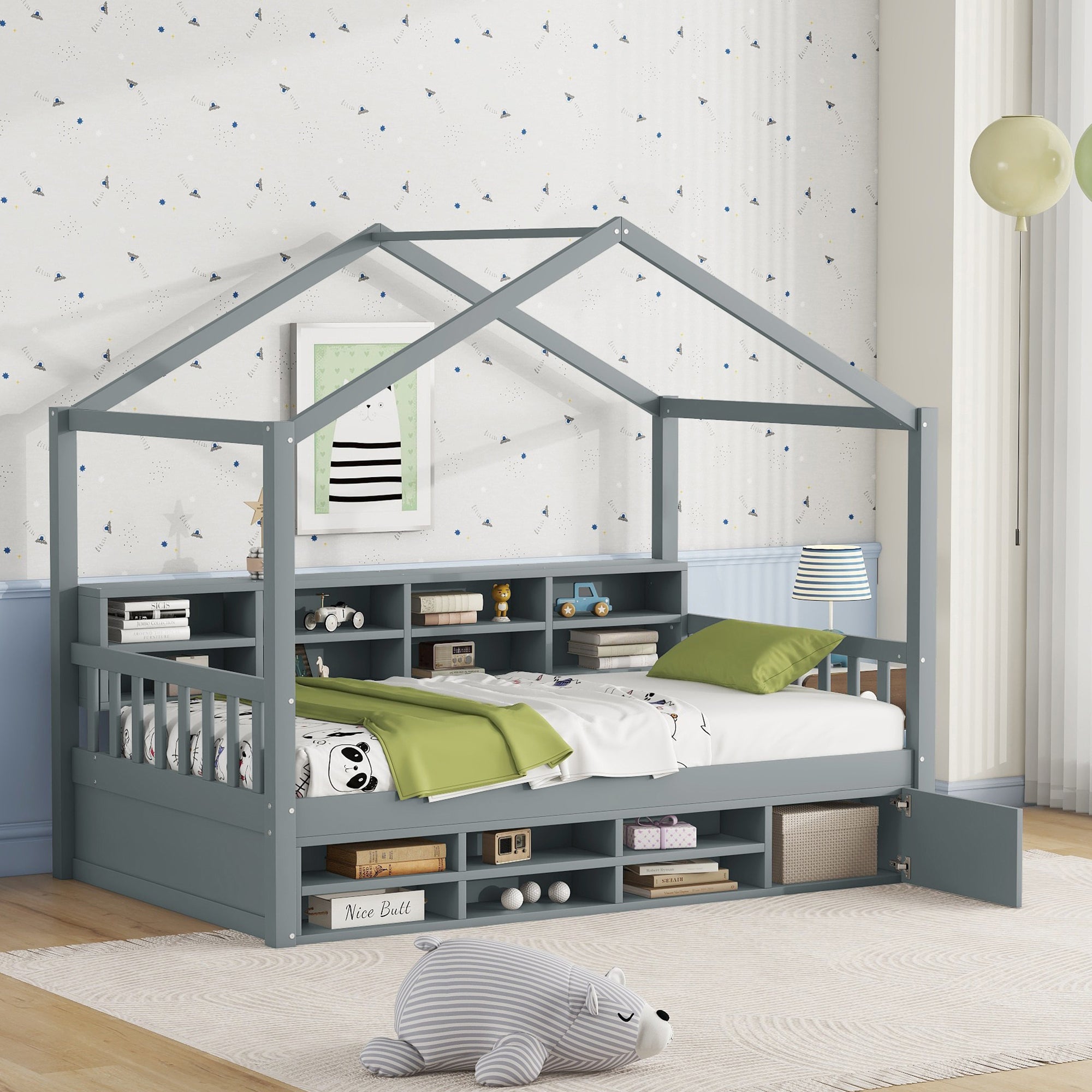 Twin Size Wooden House Bed with Shelves and a Mini-cabinet, Gray - Atlantic Fine Furniture Melbourne FL