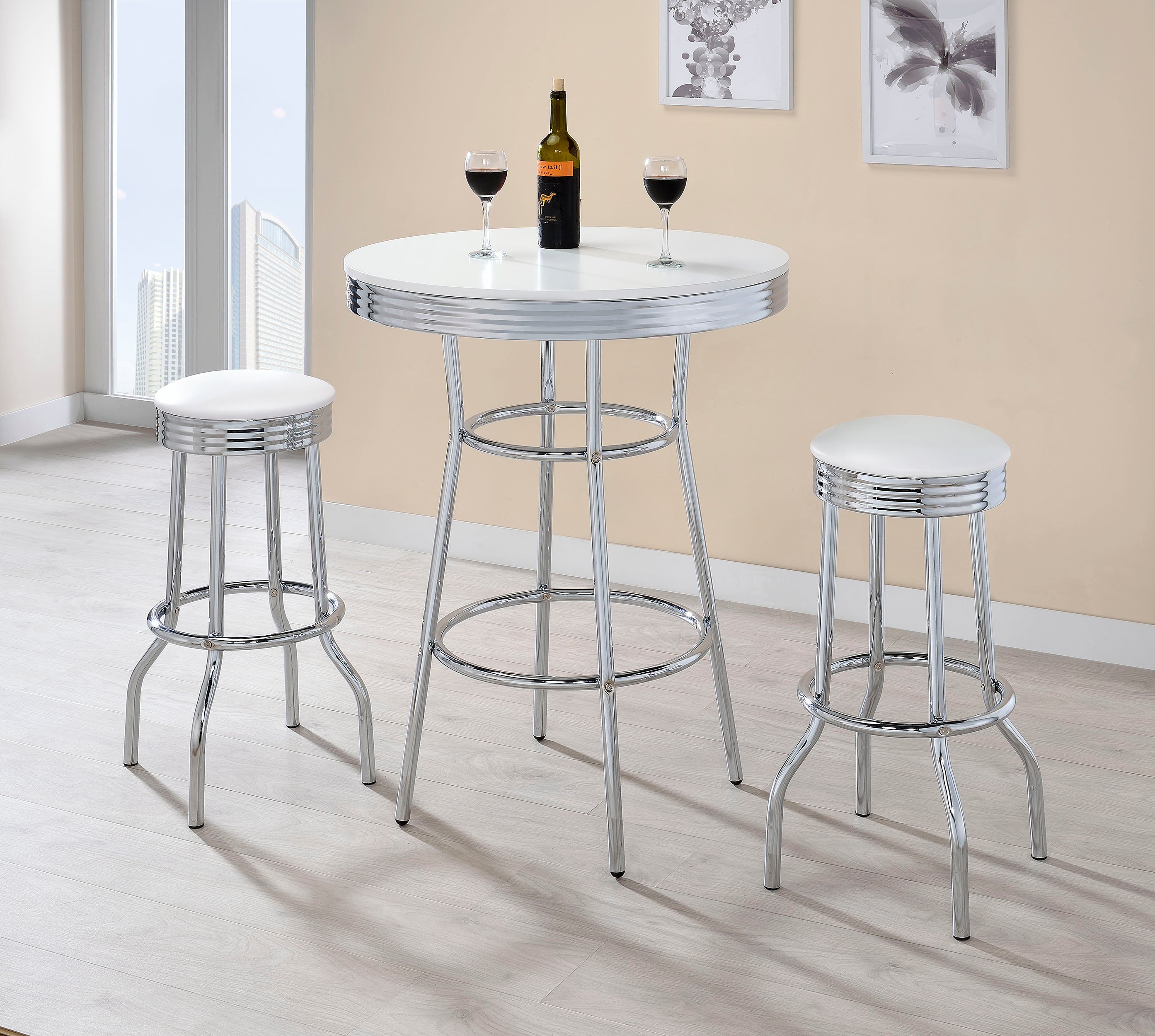 Retro 3-piece Round 1950s Bistro Pub Bar Table Set White — view 1