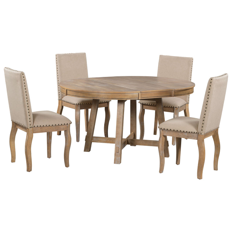 Farmhouse Dining Table Set Wood Round Extendable Dining Table And Upholstered Dining Chairs