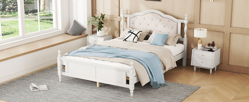 Pine Wooden Bed With Upholstered Headboard And Panel Footboard, With Two Bed Rail Support Feet And Central Platform Support Feet