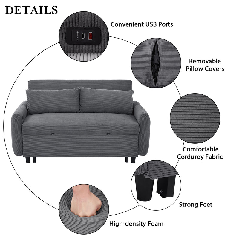 Pull-Out Sofa Bed Convertible Couch 2 Seat Loveseat Sofa Modern Sleeper Sofa With Two Throw Pillows And USB Ports For Living Room