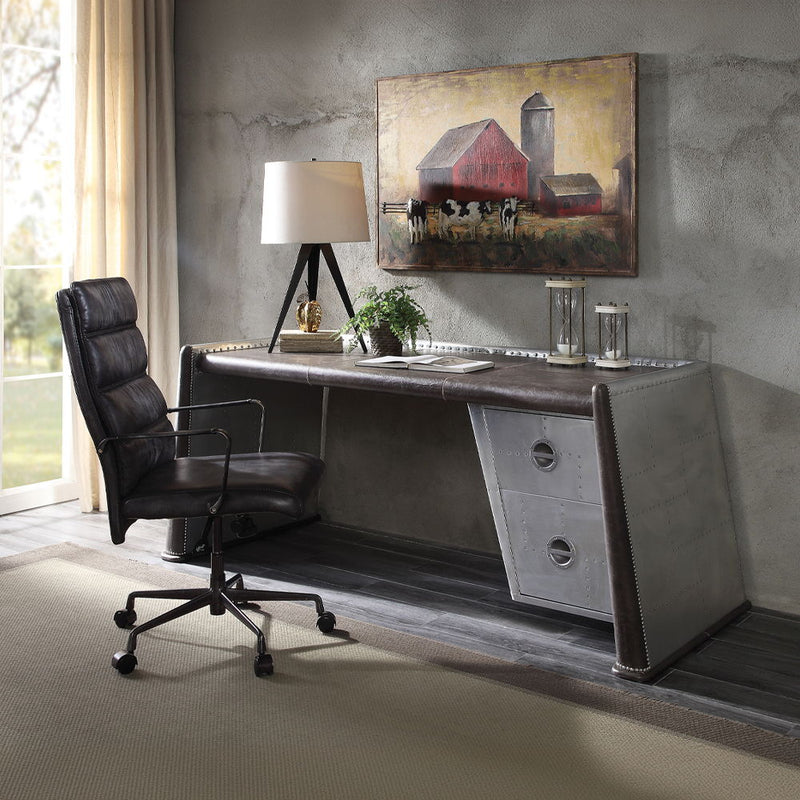 Brancaster - Desk - Distress Chocolate Top Grain Leather & Aluminum