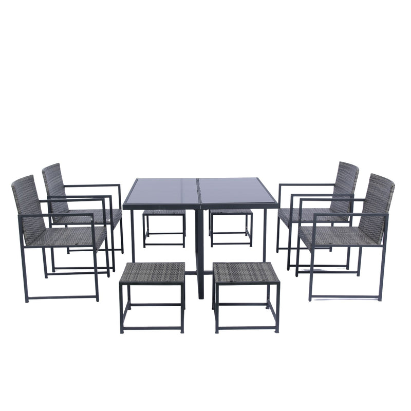 9 Pieces Patio Dining Sets Outdoor Space Saving Rattan Chairs With Glass Table Top Wicker And Cushion - Dark Gray