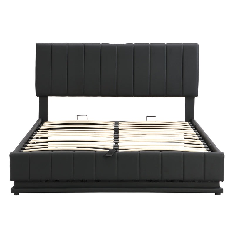 Queen Size Upholstered Bed With Hydraulic Storage System And LED Light, Modern Platform Bed With Sockets And USB Ports