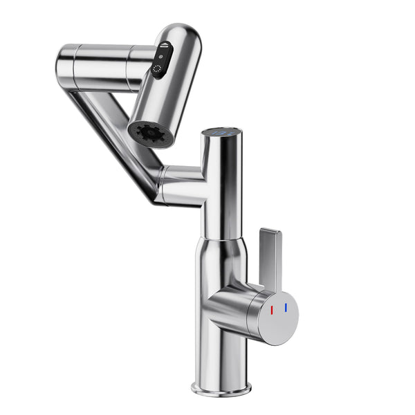 Bathroom Sink Faucet With Spray Function And Temperature Display, Anti Skid Switch, 360 Degree Rotary, Brass Material - Chrome