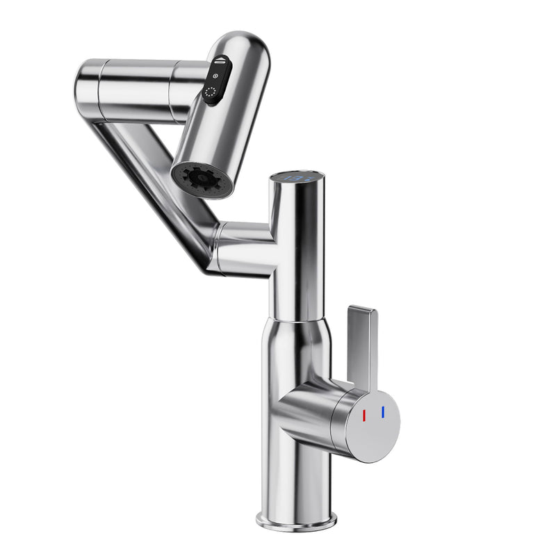 Bathroom Sink Faucet With Spray Function And Temperature Display, Anti Skid Switch, 360 Degree Rotary, Brass Material - Chrome