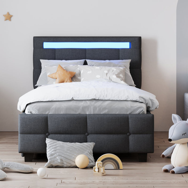 Upholstered Platform Bed With LED Frame, With Trundle And 2 Drawers