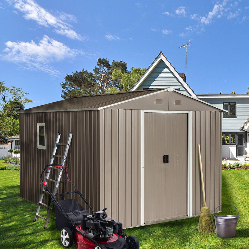 8Ft x 10Ft Outdoor Metal Storage Shed With Metal Floor Base, With Window - Gray