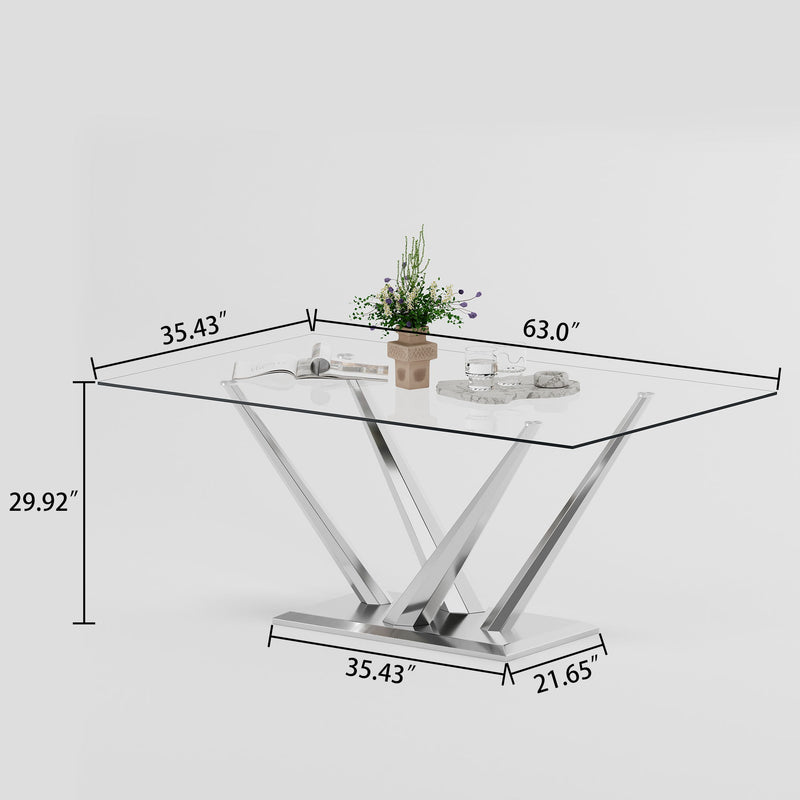 0.39" Thick Tempered Glass Top Rectangular Dining Table With Stainless Steel Base For Dining Room - Silver