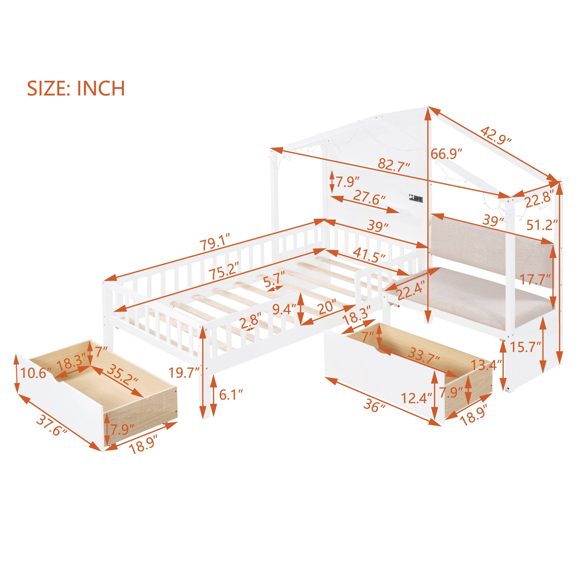 Twin Size House Bed with Upholstered Sofa, House Bed with Charging Station, Wireless Charging, Shelves and Two Drawers, White - Atlantic Fine Furniture Melbourne FL